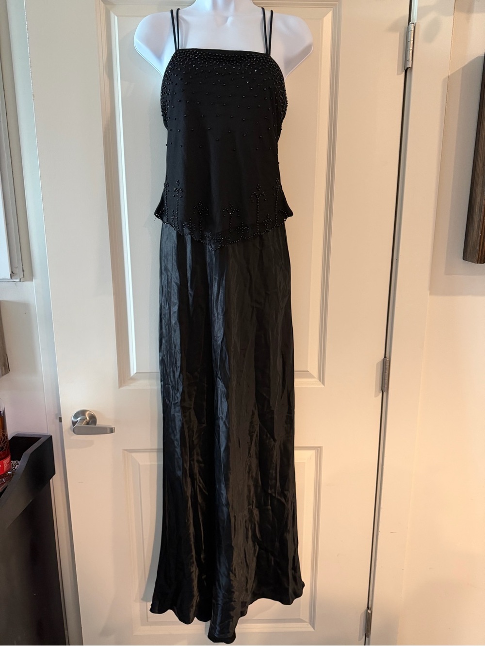 🖤 Vintage LA GLO Black Beaded Formal Gown Lace Up Corset Back Prom Dress
